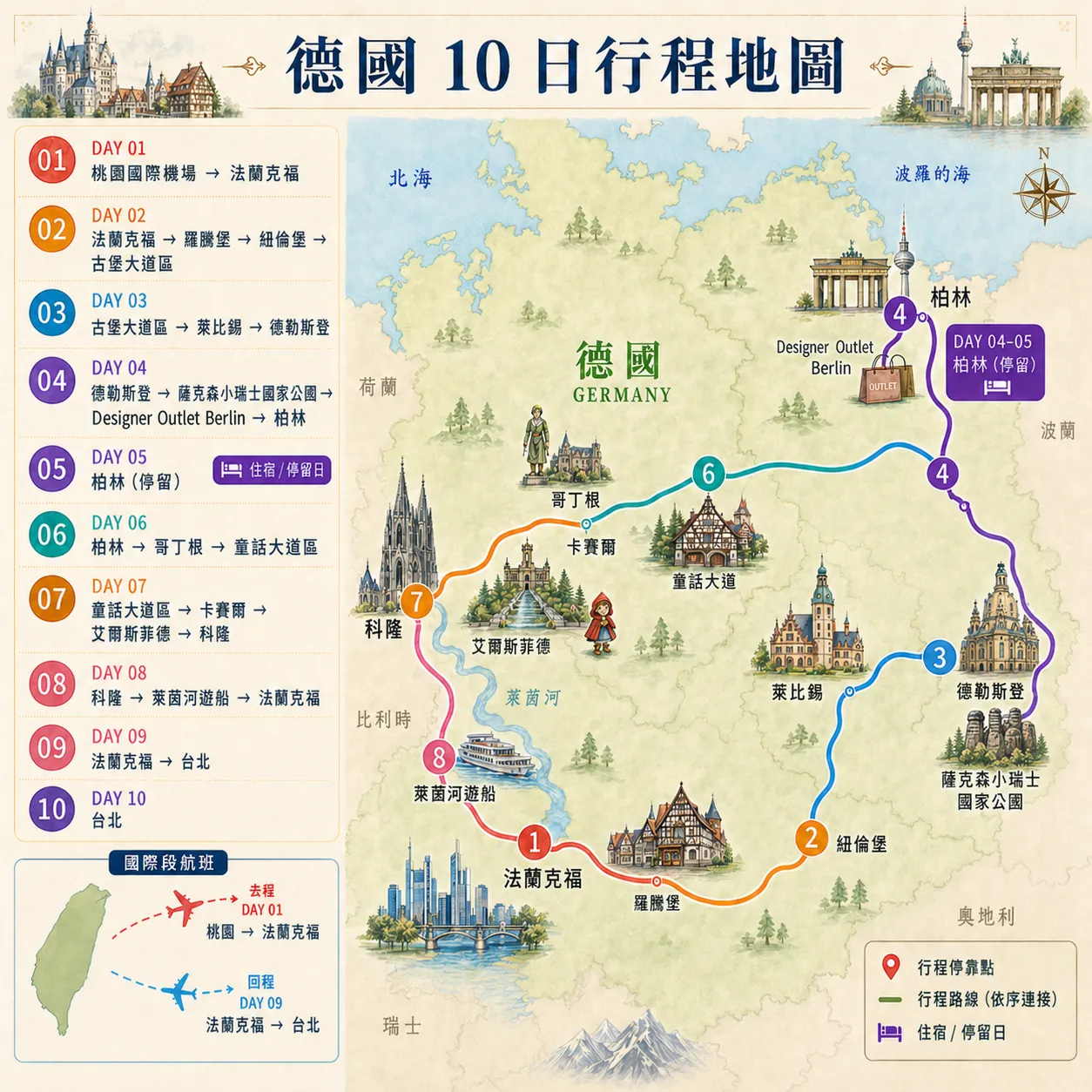 德國北境漫遊．柏林．忘憂宮．薩克森石林．童話古堡雙大道 10 天行程地圖