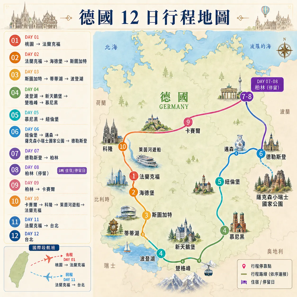 把德國最精華留給懂的人｜12日深度典藏 × 二晚五星行程地圖