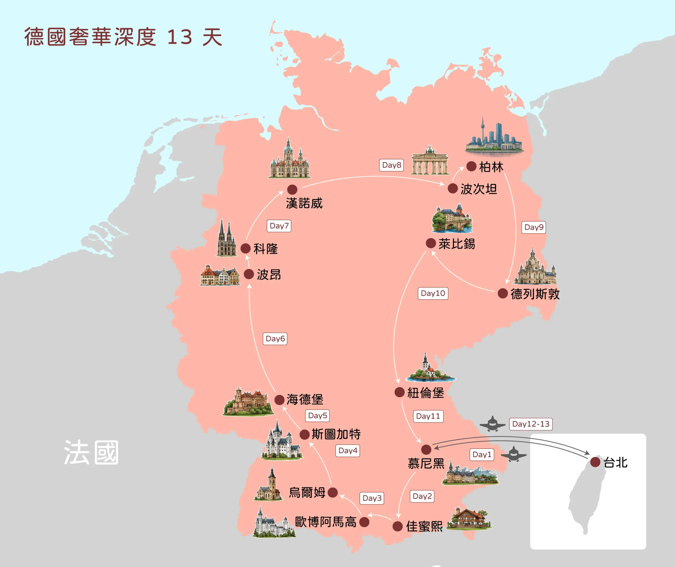 德國奢華深度13天 行程地圖 慕尼黑 楚格峰 新天鵝堡 斯圖加特 海德堡 萊茵河 科隆 漢諾威 柏林 德列斯敦 紐倫堡