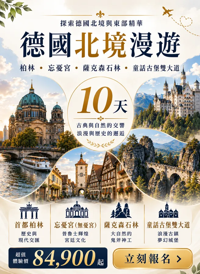 德國北境漫遊．柏林．忘憂宮．薩克森石林．童話古堡雙大道 10 天
